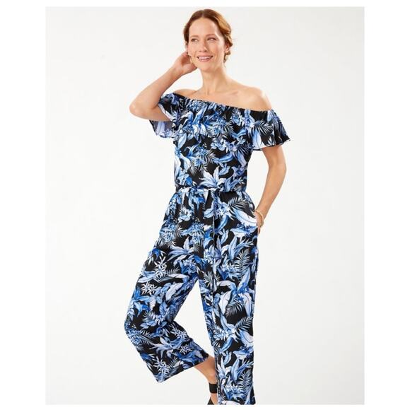 Tommy Bahama Off the Shoulder Blue Tropical Jumpsuit - Picture 2 of 9